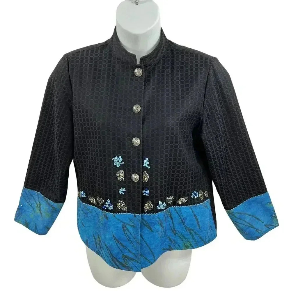 ALEX KIM Womens M Artful Mandarin Collar Jacket Front Embellish Embroidered Boho